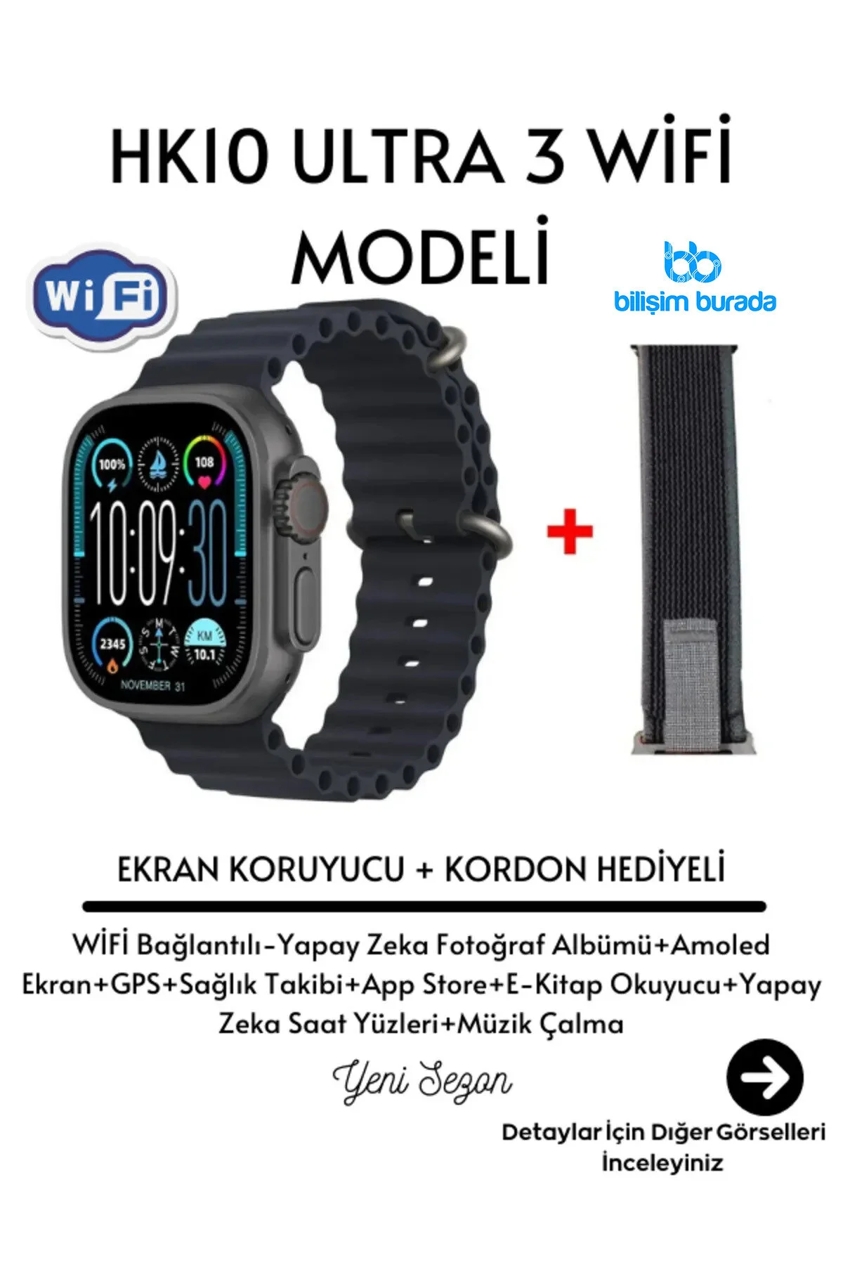  Hk10 Ultra 3 Wifi Modeli 2-02 Inç Uyumlu Amoled Ekran Akıllı Saat App Store Kordon Siyah